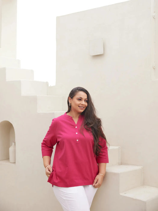 Women Plus Size Hot Pink Airy Linen Short Kurta