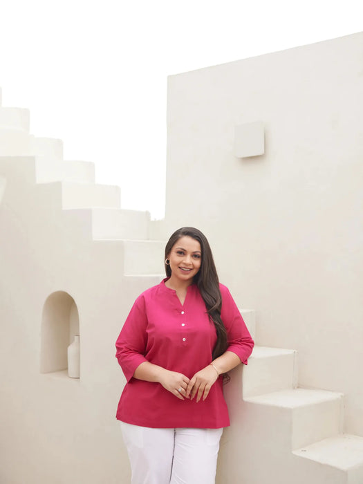 Women Plus Size Hot Pink Airy Linen Short Kurta