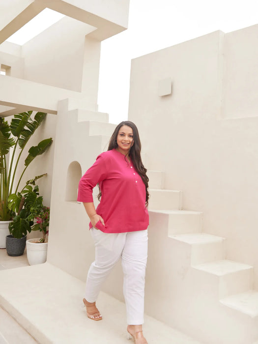 Women Plus Size Hot Pink Airy Linen Short Kurta