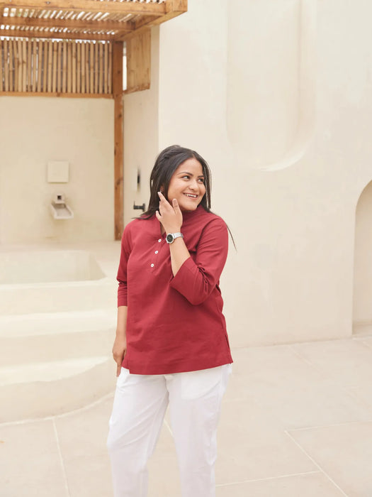 Women Plus Size Maroon Airy Linen Short Kurta