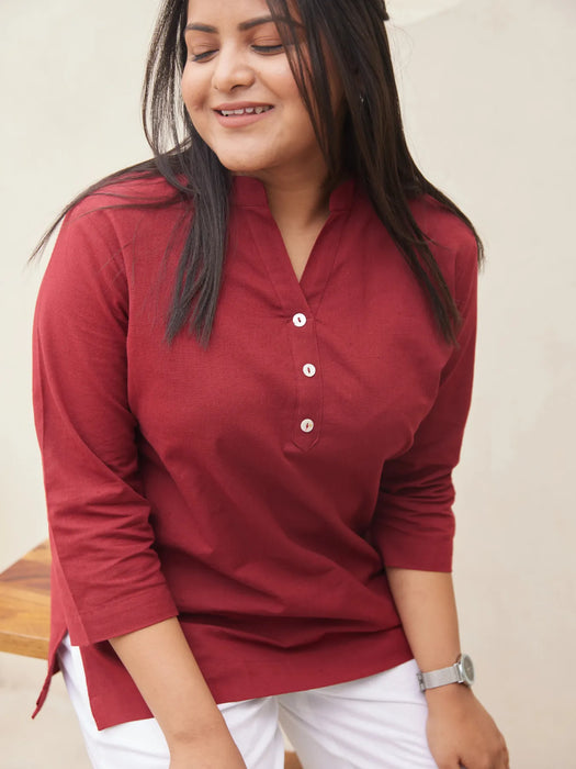 Women Plus Size Maroon Airy Linen Short Kurta
