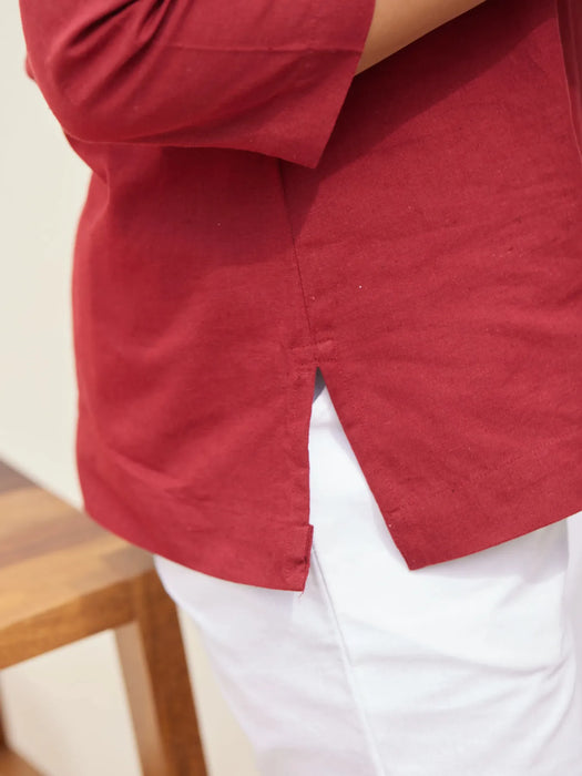 Women Plus Size Maroon Airy Linen Short Kurta