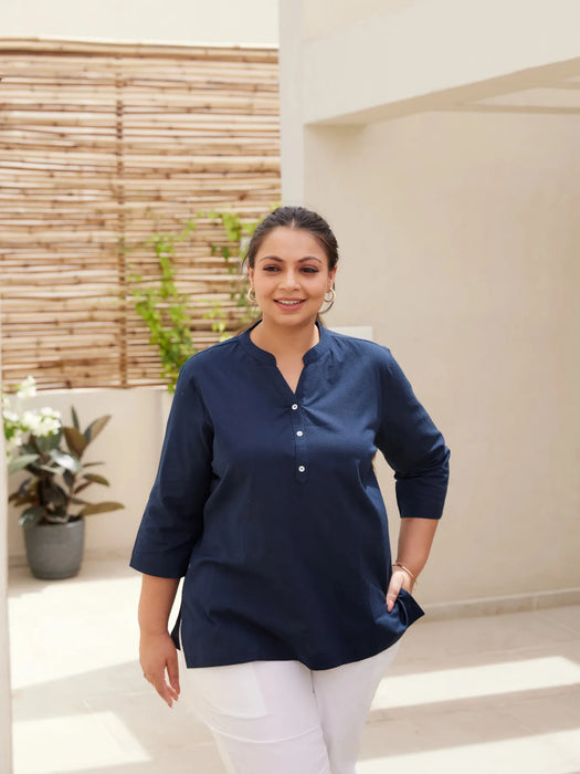 Women Plus Size Navy Blue Airy Linen Short Kurta