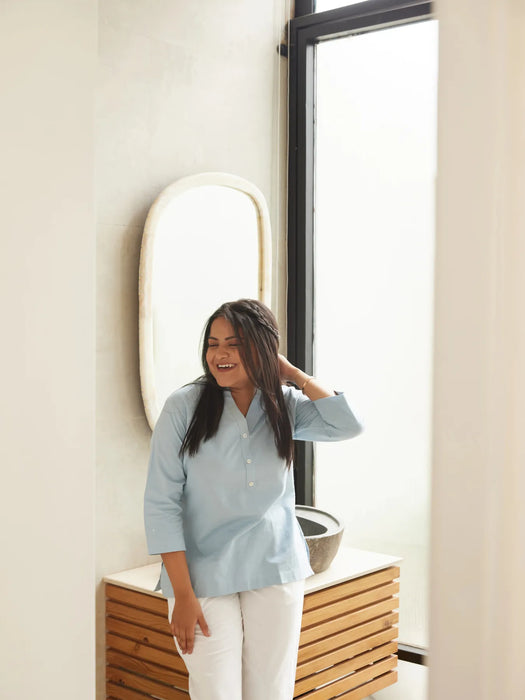 Women Plus Size Sky Blue Airy Linen Short Kurta