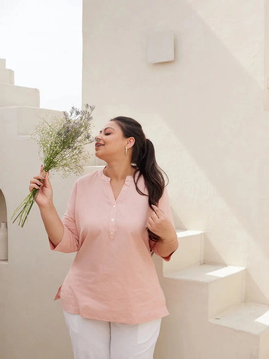 Women Plus Size Salmon Pink Airy Linen Short Kurta