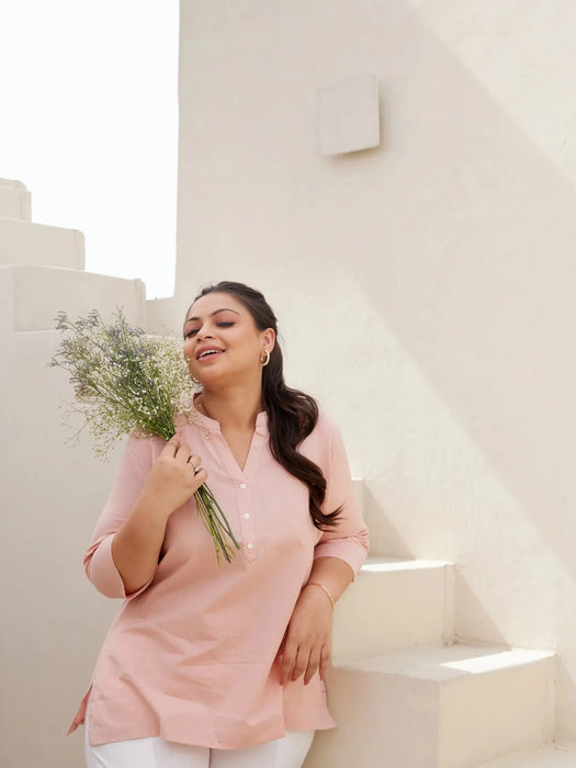 Women Plus Size Salmon Pink Airy Linen Short Kurta