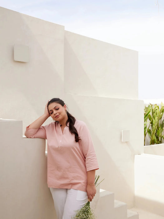 Women Plus Size Salmon Pink Airy Linen Short Kurta