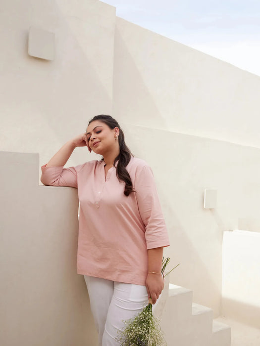 Women Plus Size Salmon Pink Airy Linen Short Kurta