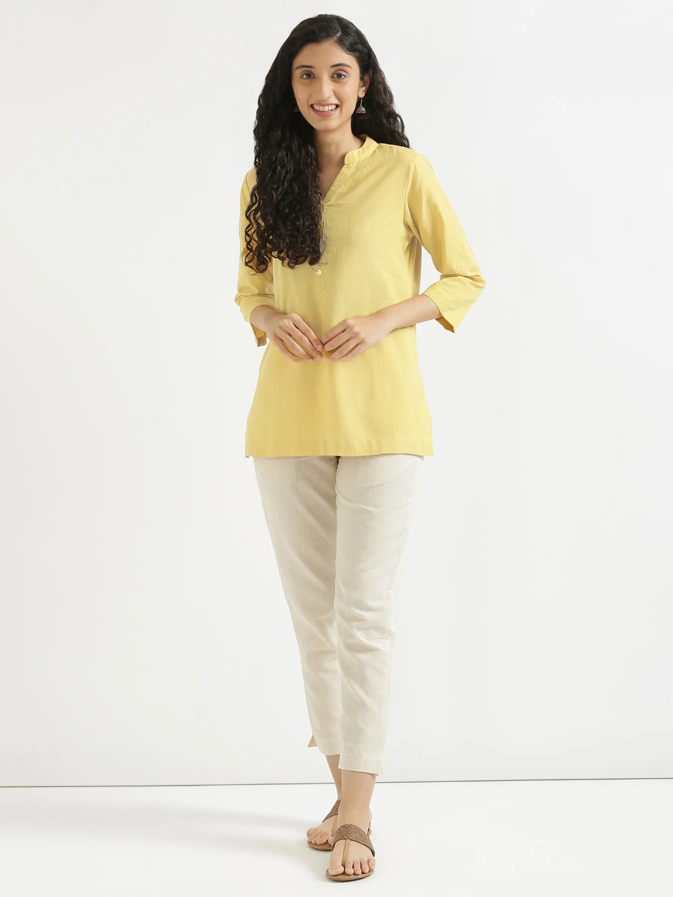 Women Lemon Yellow Airy Linen Short Kurta