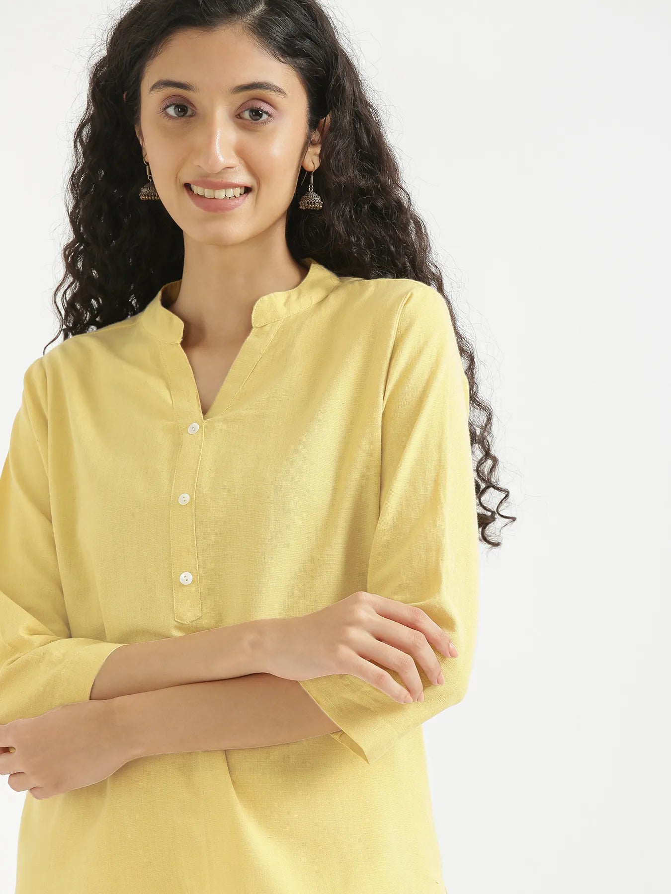 Women Lemon Yellow Airy Linen Short Kurta