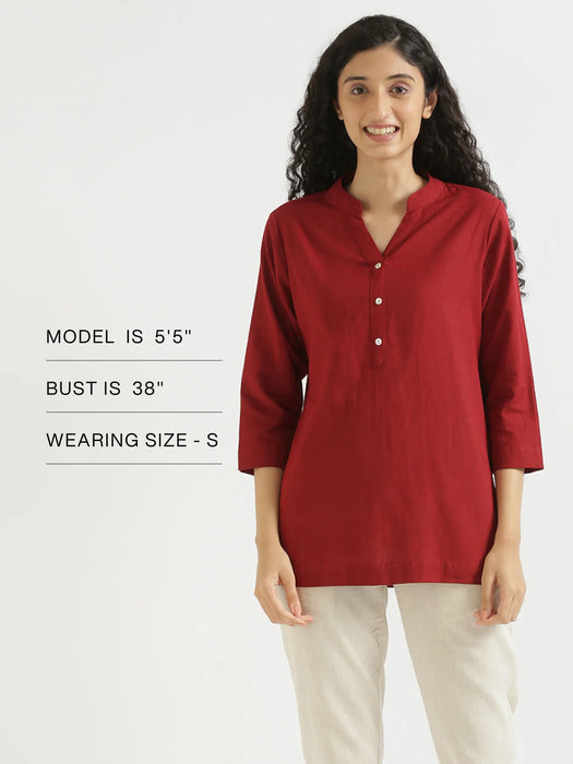 Women Maroon Airy Linen Short Kurta
