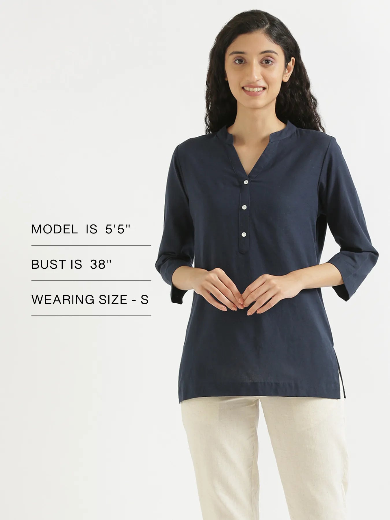 Women Navy Blue Airy Linen Short Kurta