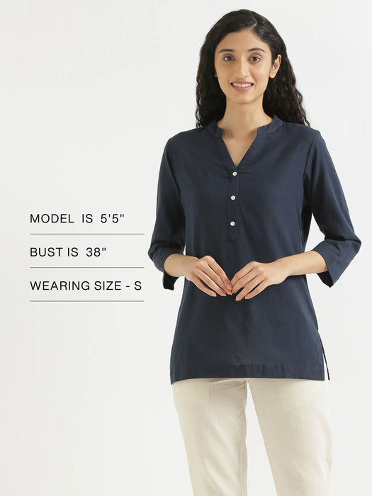 Women Navy Blue Airy Linen Short Kurta