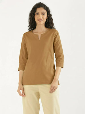 Women Coffee Brown Airy Linen Split Neck Short Kurta