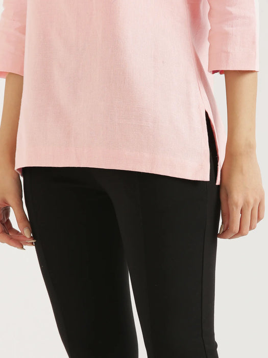 Women Salmon Pink Airy Linen Short Kurta