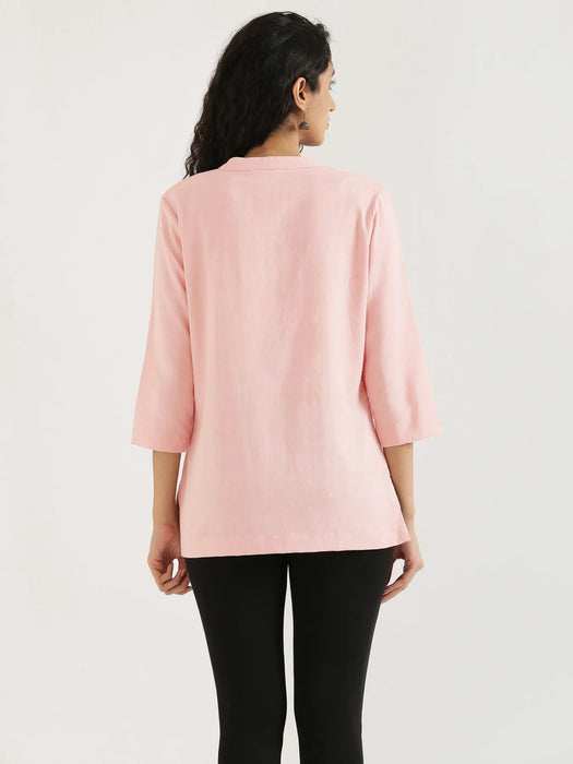 Women Salmon Pink Airy Linen Short Kurta