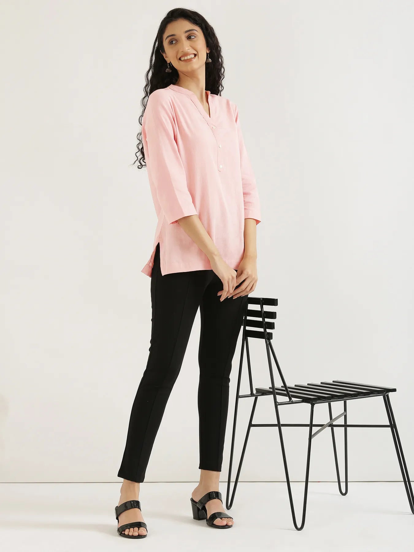 Women Salmon Pink Airy Linen Short Kurta