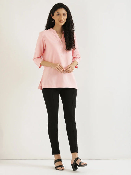 Women Salmon Pink Airy Linen Short Kurta