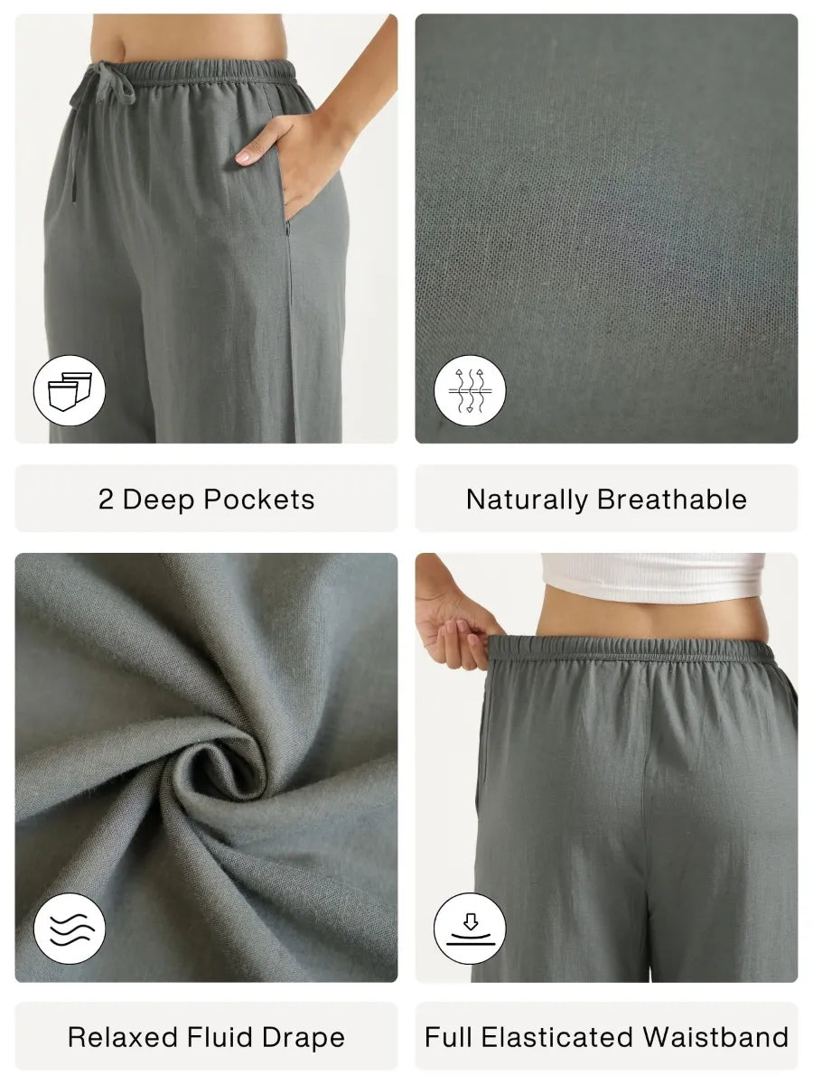 Women German Grey Flowy Linen Wide Leg Pants