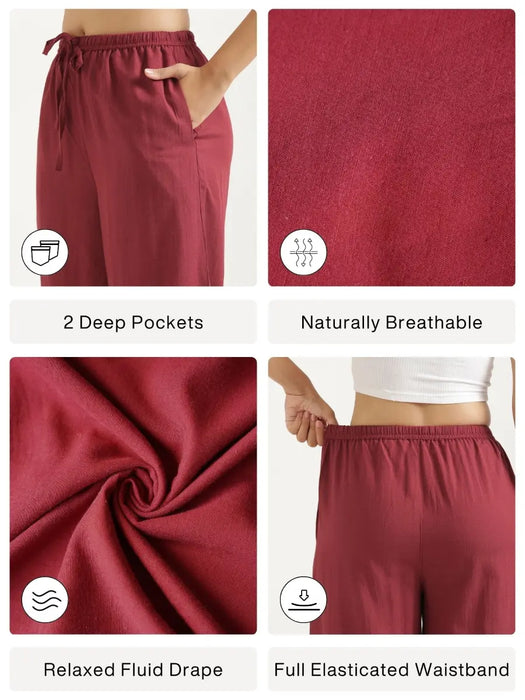 Women Maroon Flowy Linen Wide Leg Pants