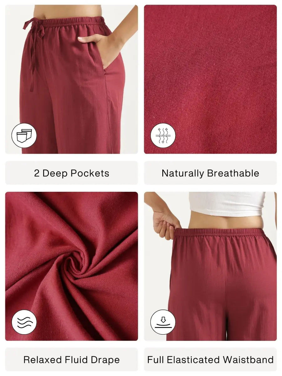 Women Maroon Flowy Linen Wide Leg Pants