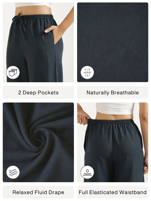 Women Navy Blue Flowy Linen Wide Leg Pants