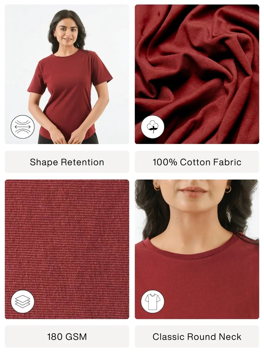 Women Maroon Round Neck T-shirt