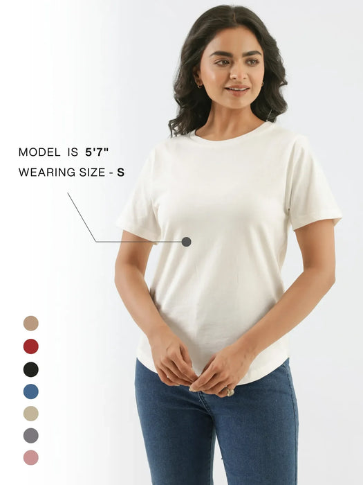 Women Off White Round Neck T-shirt