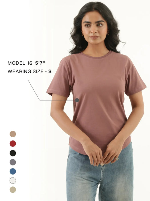 Women Rose Taupe Round Neck T-shirt