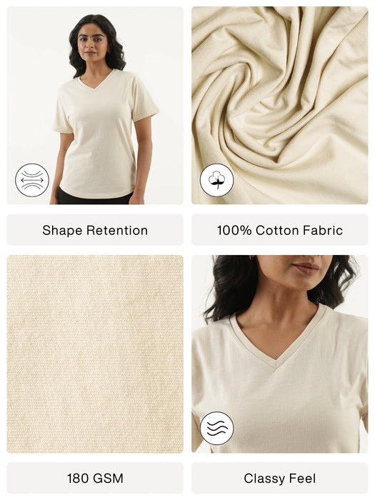 Women Beige V-neck T-shirt