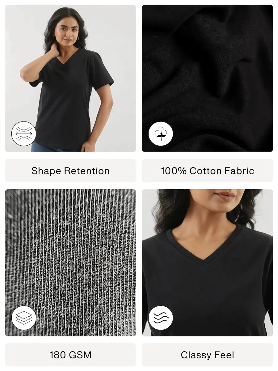 Women Black V-neck T-shirt