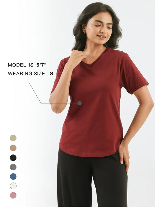 Women Maroon V-neck T-shirt