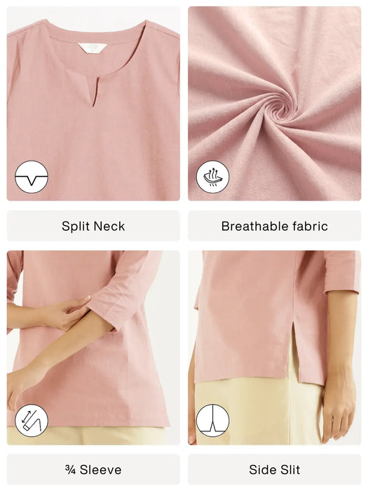 Women Salmon Pink Airy Linen Split Neck Short Kurta