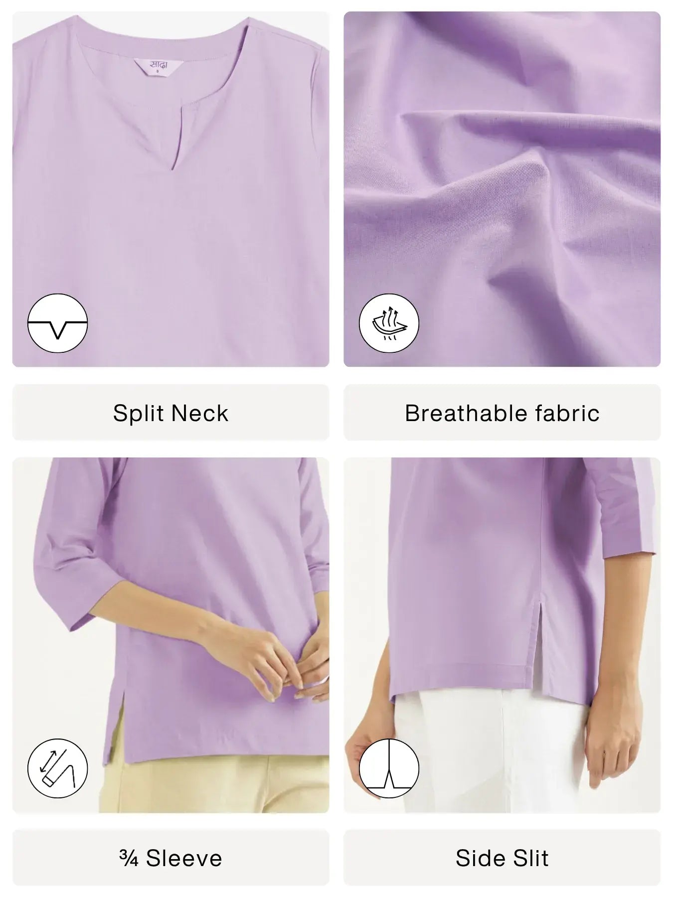 Women Lilac Airy Linen Split Neck Short Kurta