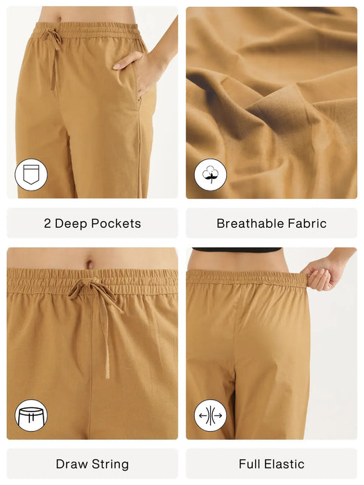 Women Coffee Brown Cotton Straight Pant
