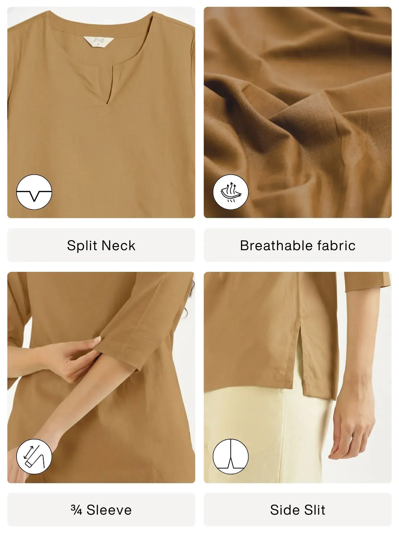 Women Coffee Brown Airy Linen Split Neck Short Kurta