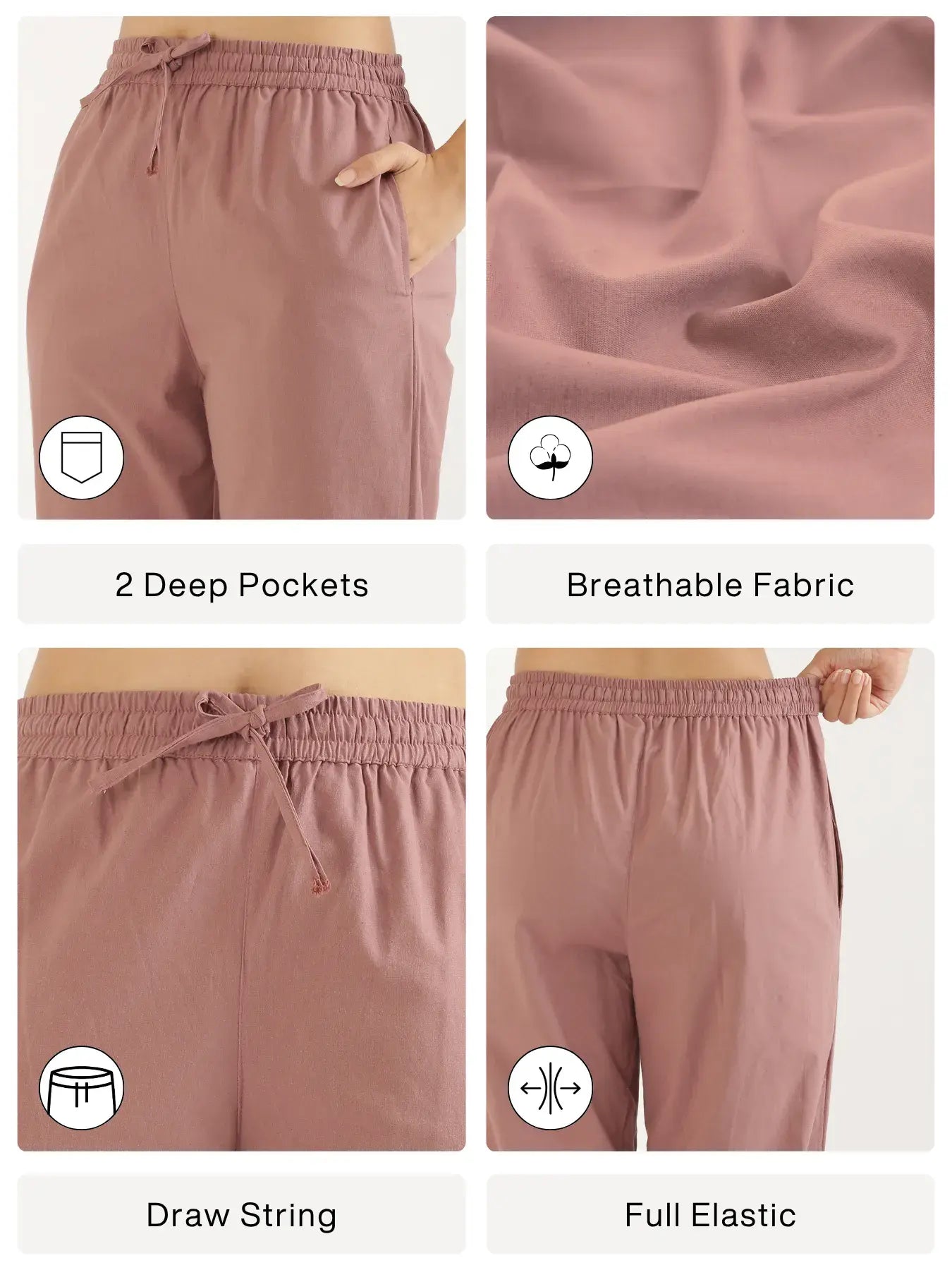 Women Rose Taupe Cotton Straight Pant
