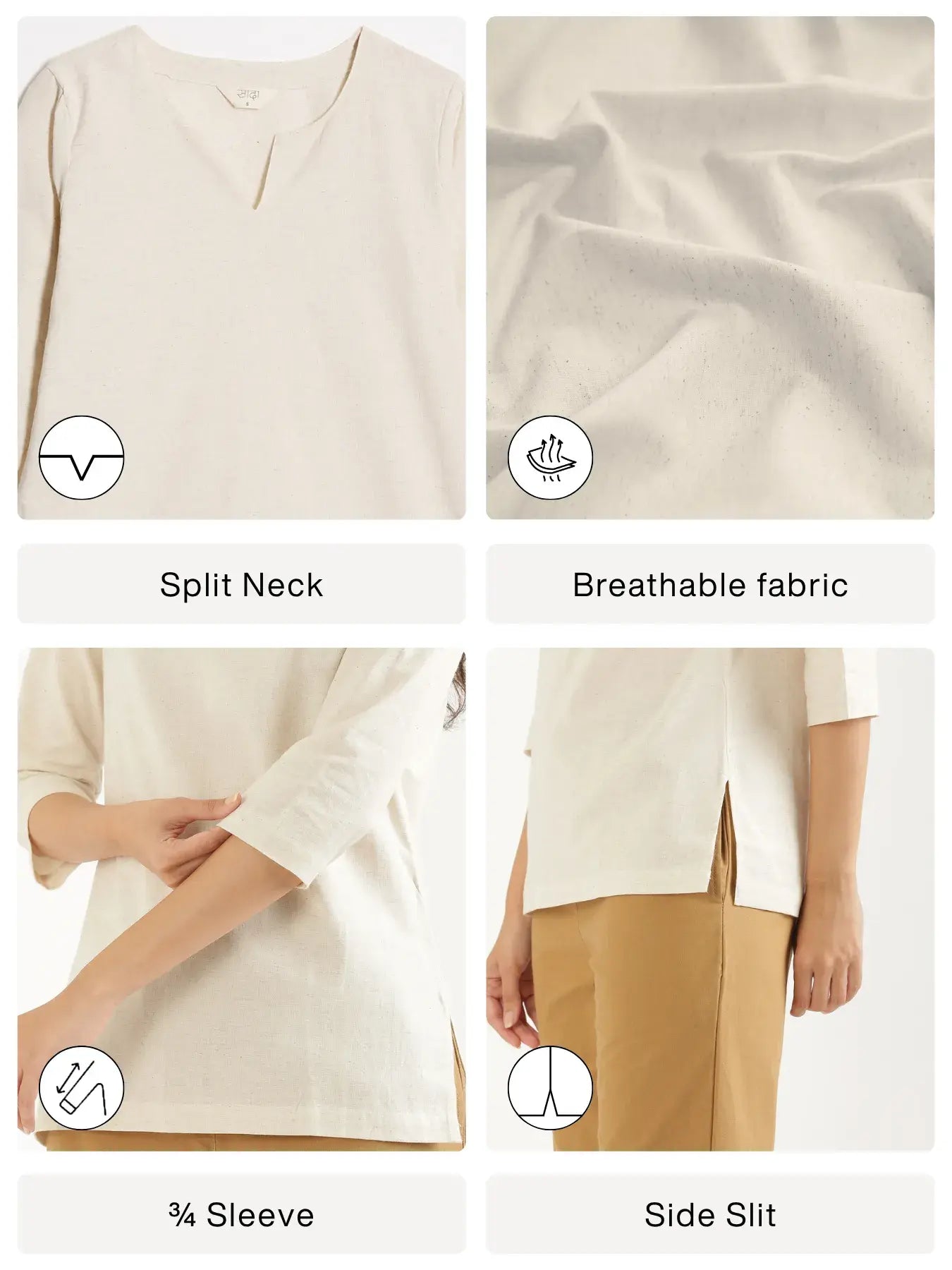Women Ecru Airy Linen Split Neck Short Kurta