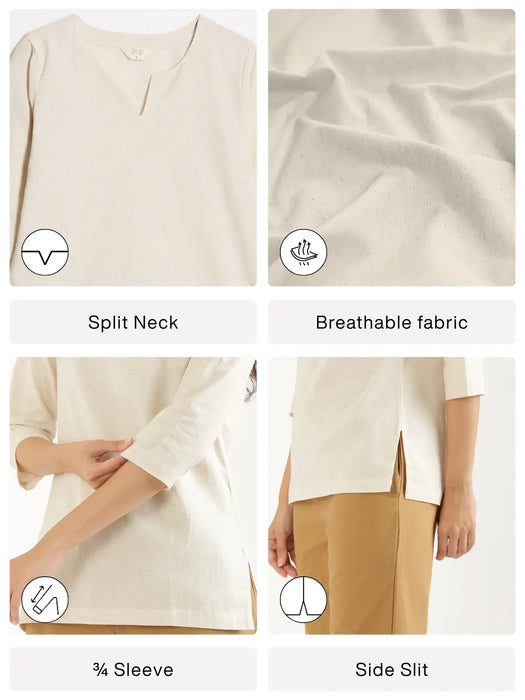 Women Ecru Airy Linen Split Neck Short Kurta