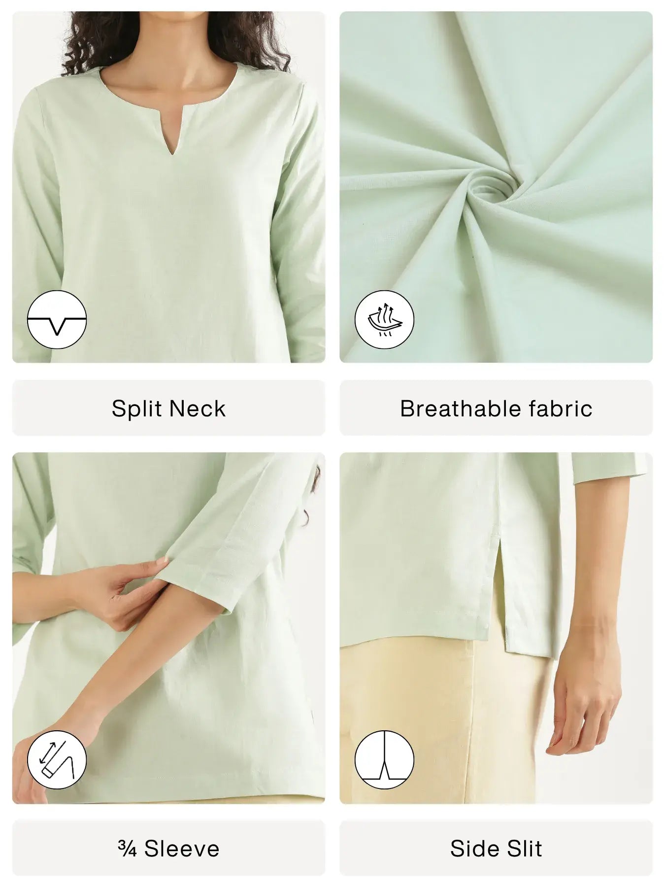 Women Mint Green Airy Linen Split Neck Short Kurta