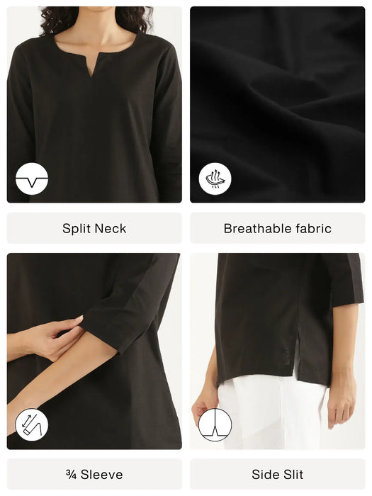 Women Black Airy Linen Split Neck Short Kurta