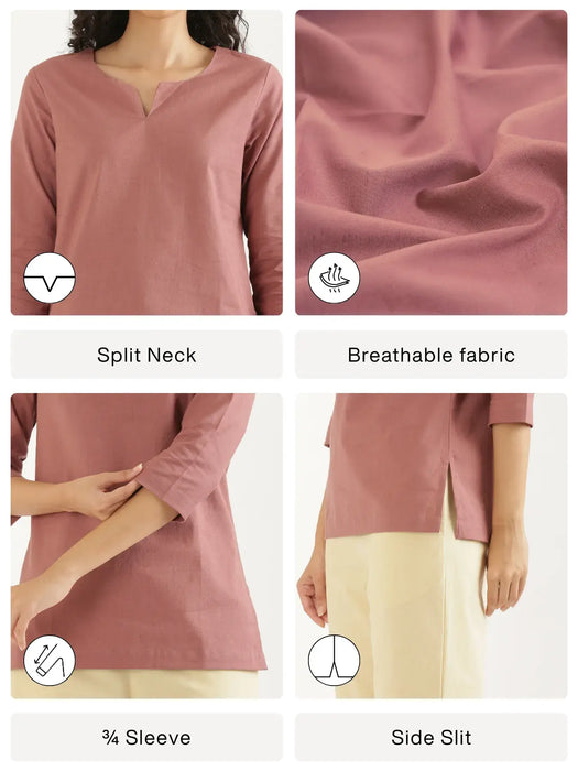 Women Rose Taupe Airy Linen Split Neck Short Kurta