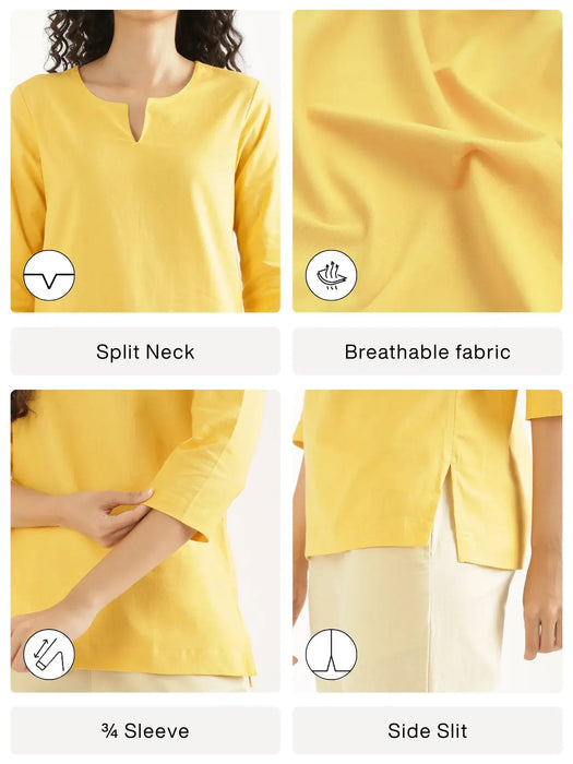 Women Yellow Airy Linen Split Neck Short Kurta