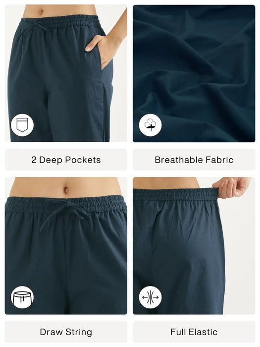 Women Peacock Blue Cotton Straight Pant