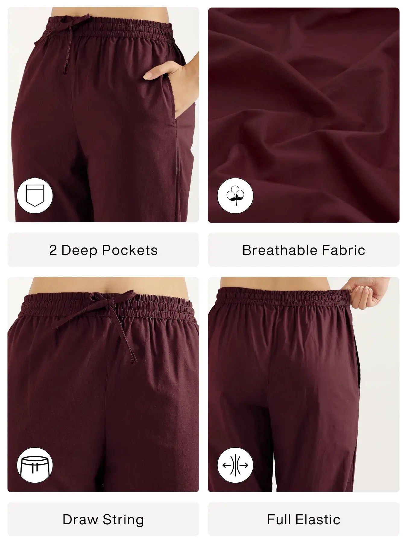 Women Wine Cotton Straight Pant