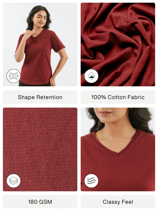 Women Maroon V-neck T-shirt