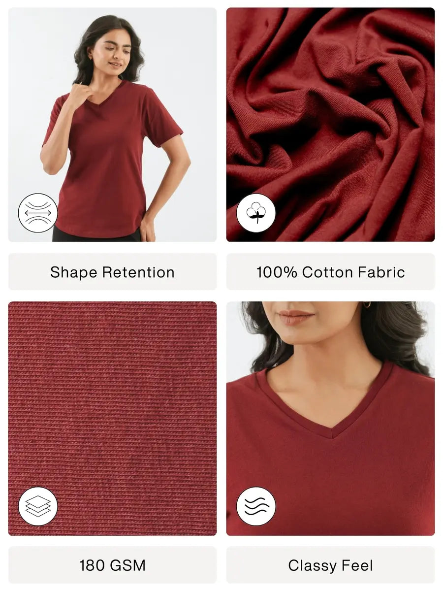 Women Maroon V-neck T-shirt