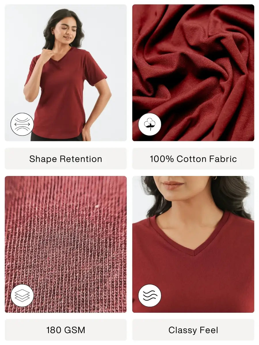Women Maroon V-neck T-shirt