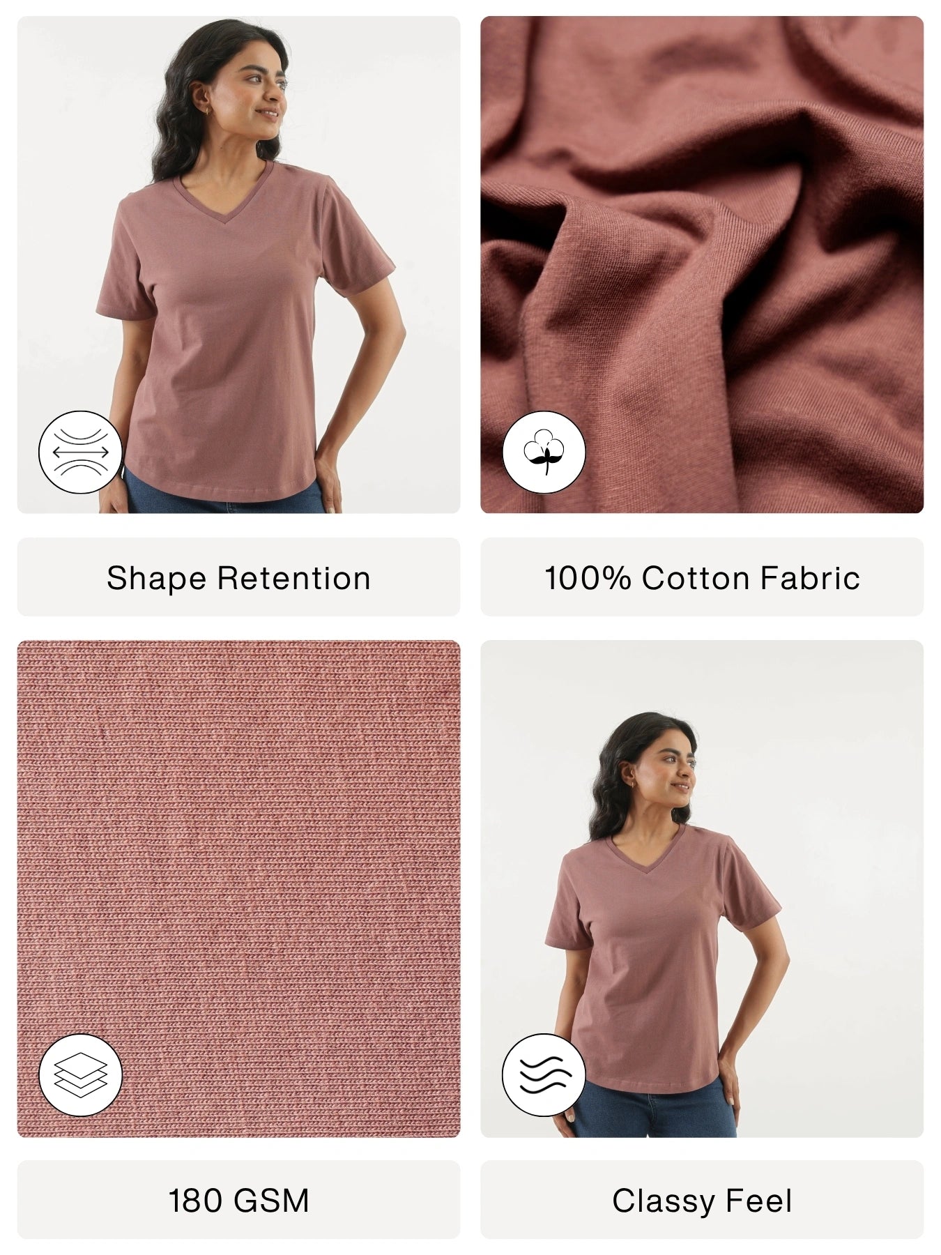 Women Rose Taupe V-neck T-shirt
