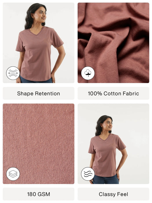 Women Rose Taupe V-neck T-shirt